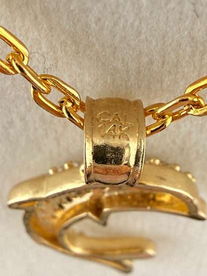14K Gold CZ Diamond Dolphin Pendant