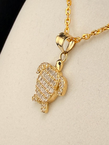 14K Gold CZ Diamond Turtle Pendant