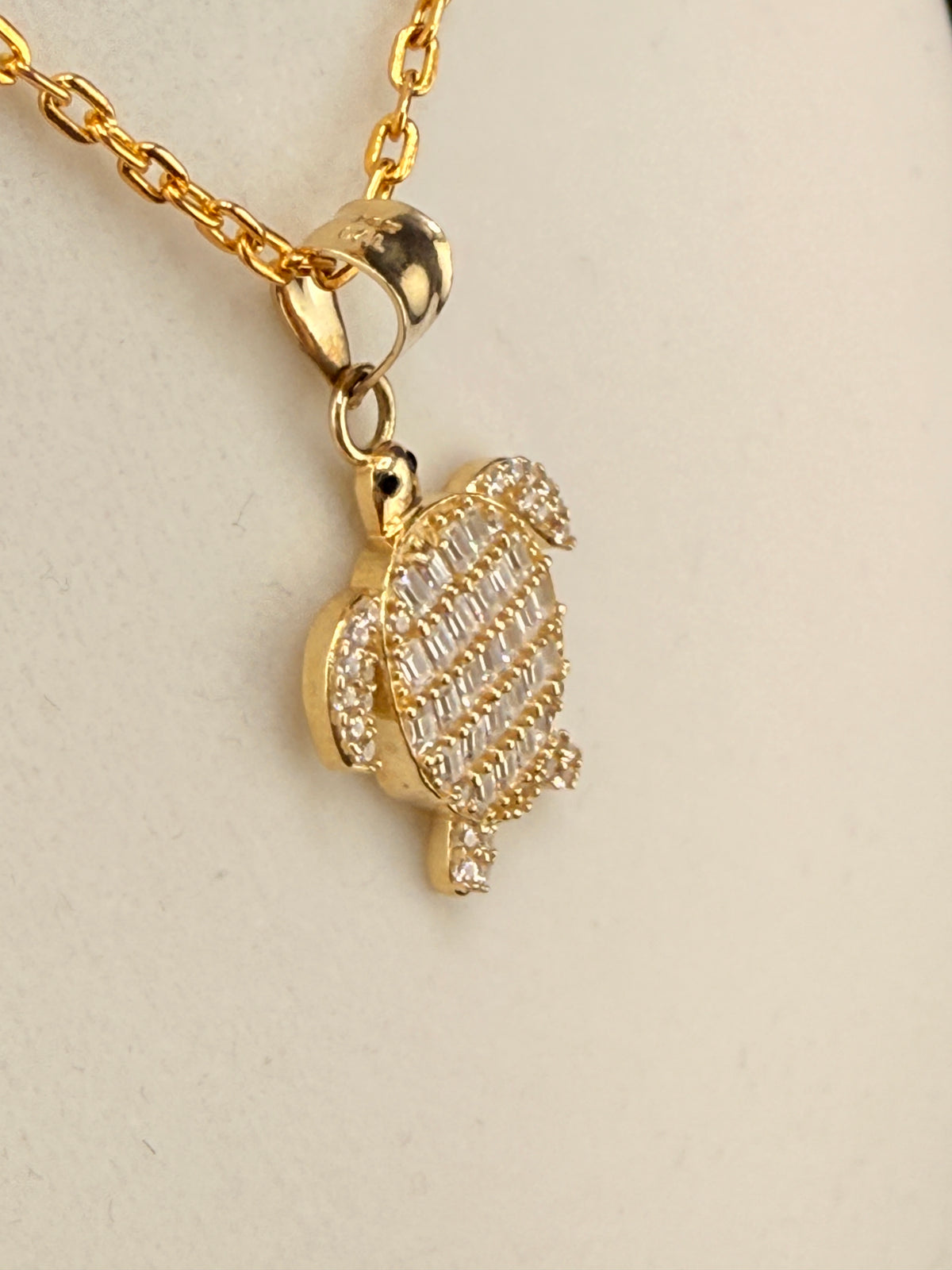 14K Gold CZ Diamond Turtle Pendant