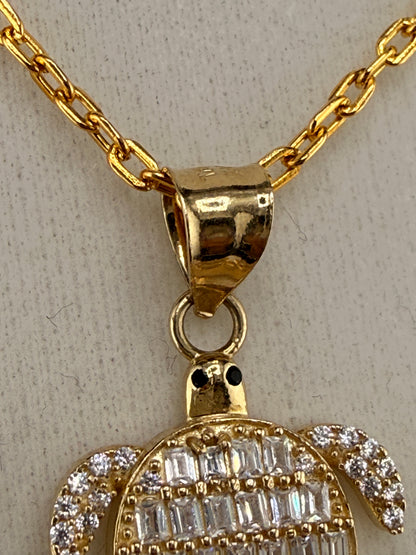 14K Gold CZ Diamond Turtle Pendant