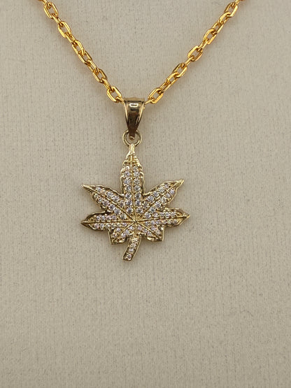 10K Solid Gold CZ Diamond-Encrusted Herbal Leaf Pendant