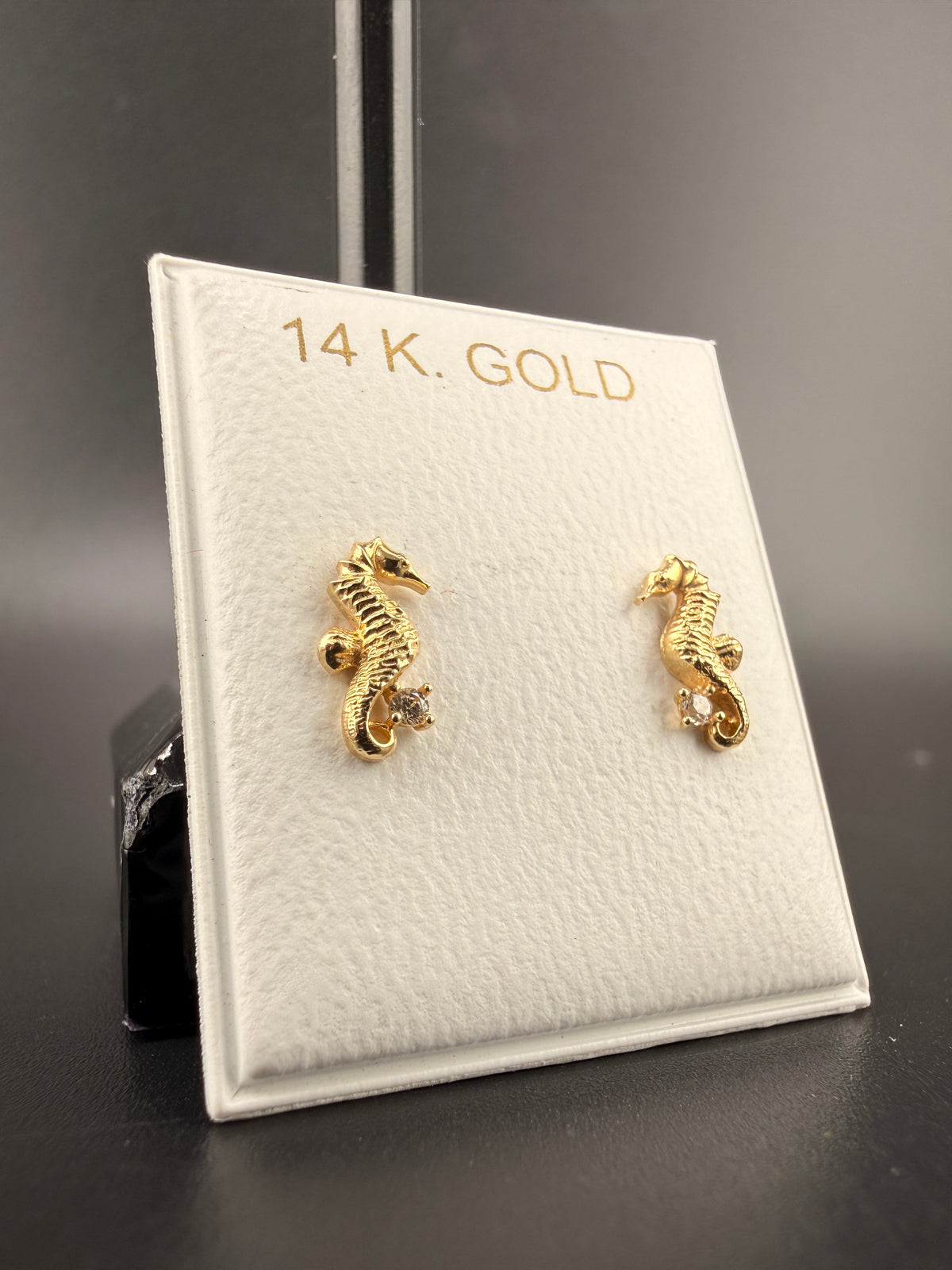 14K Solid Gold Seahorse Earrings with CZ Diamond Chip– Unique Nautical Gold Stud Earrings| Wholesale Price Jewelry