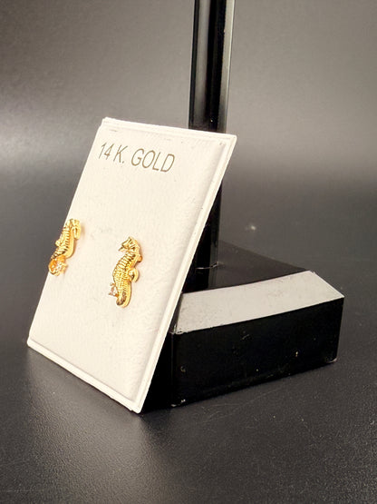 14K Solid Gold Seahorse Earrings with CZ Diamond Chip– Unique Nautical Gold Stud Earrings| Wholesale Price Jewelry
