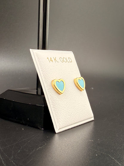 14K Gold Baby Blue Heart Earrings – Real Gold Heart Studs | Jewelry Connect Wholesale Price