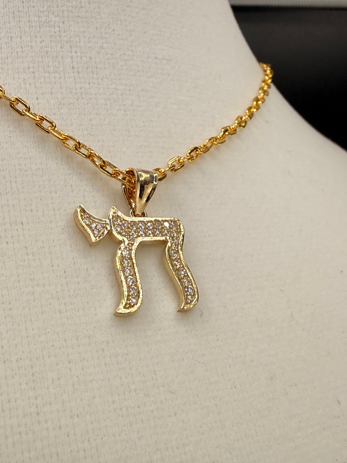 14K Gold CZ Hebrew Chai Pendant alternate product view