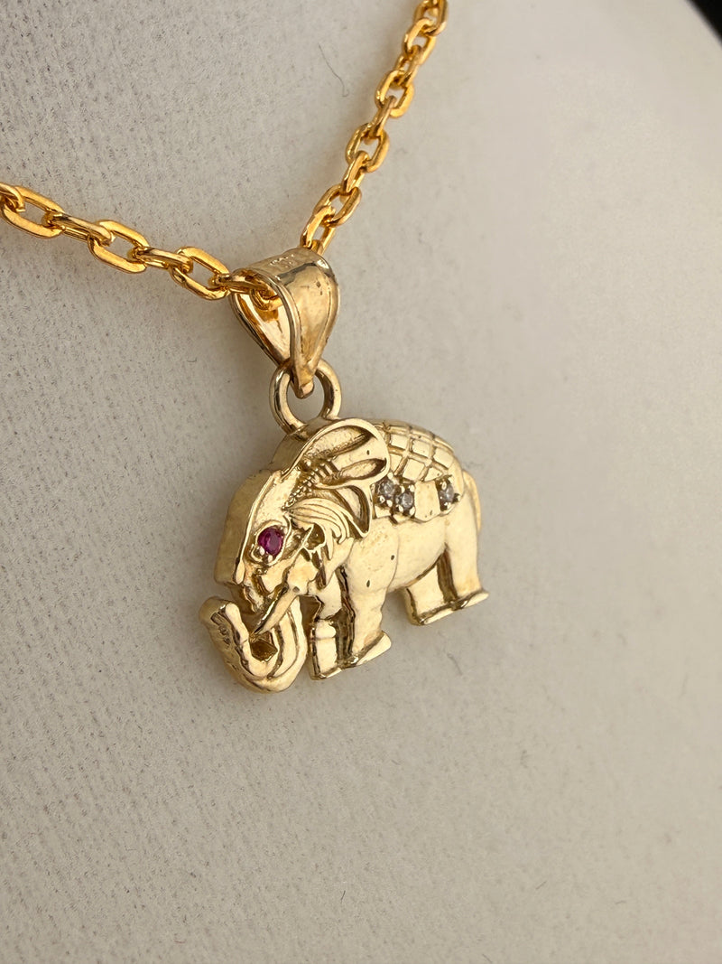 10K Solid Gold CZ & Ruby Accent Elephant Pendant